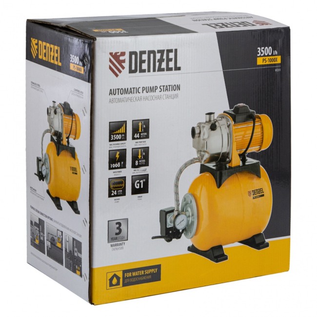 Насосная станция PS1000Х, 1000 Вт, 3500 л/ч, ресивер 24 л, подъем 44 м, нержавейка Denzel Насосная станция PS1000Х, 1000 Вт, 3500 л/ч, ресивер 24 л, подъем 44 м, нержавейка Denzel