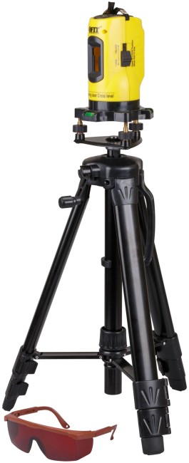 Уровень лазерный самоуспокаивающийся, красные лучи, крест, диапазон 10 м, тренога, очки, пластиковый кейс
