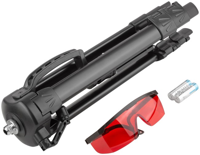 Уровень лазерный самоуспокаивающийся, красные лучи, крест, диапазон 10 м, тренога, очки, пластиковый кейс