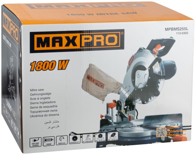 MAX-PRO Пила торцовочная 1800 Вт; 4500об/мин; лазер; 255/25,4мм; резиновый кабель; левый наклон; дополнительные щетки; 10,1 кг; коробка