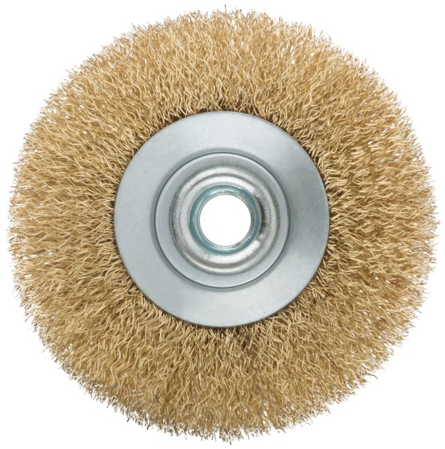 Корщетка, тип "колесо" с наклоном, гайка М14, стальная волнистая латунированная проволока 100 мм Корщетка, тип "колесо" с наклоном, гайка М14, стальная волнистая латунированная проволока 100 мм