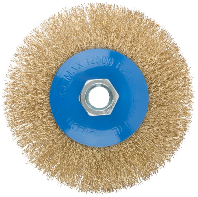 Корщетка, тип "колесо" с наклоном, гайка М14, стальная волнистая латунированная проволока 115 мм Корщетка, тип "колесо" с наклоном, гайка М14, стальная волнистая латунированная проволока 115 мм