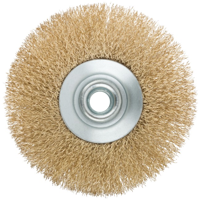 Корщетка, тип "колесо" с наклоном, гайка М14, стальная волнистая латунированная проволока 115 мм Корщетка, тип "колесо" с наклоном, гайка М14, стальная волнистая латунированная проволока 115 мм