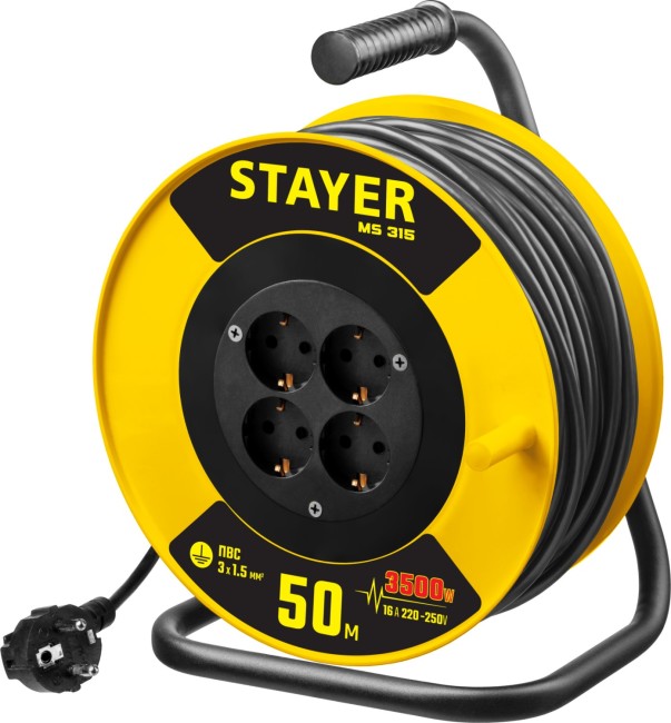STAYER MS-315, ПВС, 3 x 1.5 мм2, 50 м, 3500 Вт, силовой удлинитель на катушке (55078-50) STAYER MS-315, ПВС, 3 x 1.5 мм2, 50 м, 3500 Вт, силовой удлинитель на катушке (55078-50)