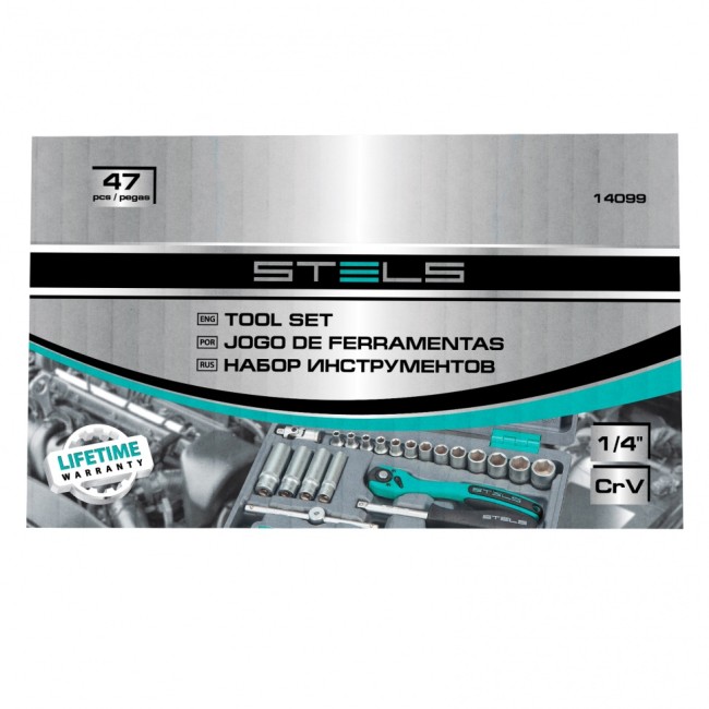 Набор инструментов, 1/4", Cr-V, S2, усиленный кейс, 47 предметов Stels Набор инструментов, 1/4", Cr-V, S2, усиленный кейс, 47 предметов Stels
