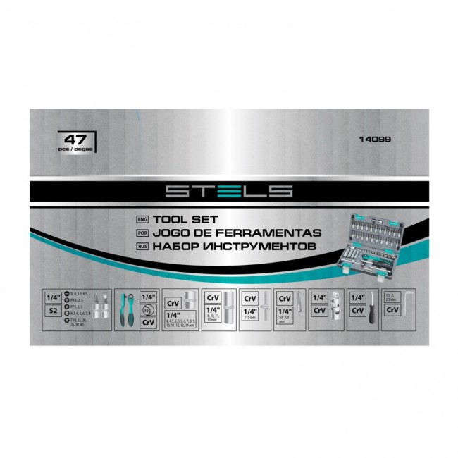 Набор инструментов, 1/4", Cr-V, S2, усиленный кейс, 47 предметов Stels Набор инструментов, 1/4", Cr-V, S2, усиленный кейс, 47 предметов Stels