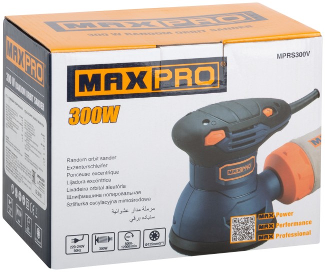 MAX-PRO Шлифмашина эксцентриковая 300 Вт; 5000-12000об/мин; 125мм; 1,2 кг; пылезащищенный выключатель; липучка; кор.