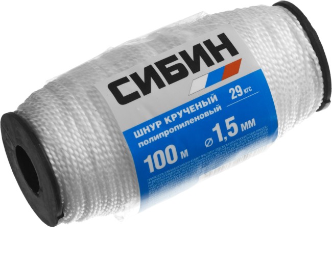 СИБИН 1.5 мм, 100 м, 29 кгс, крученый, катушка, полипропиленовый шнур (50528) СИБИН 1.5 мм, 100 м, 29 кгс, крученый, катушка, полипропиленовый шнур (50528)