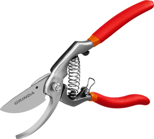 GRINDA G-7, 210 мм, высокоуглеродистая сталь, направленное под углом лезвие, цельнокованый, покрытие ПВХ, плоскостной секатор (423107)