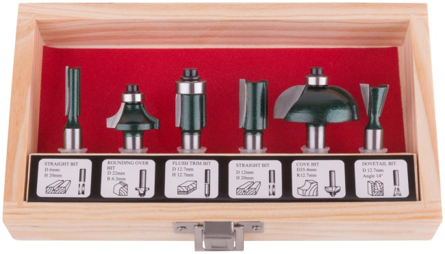 Фрезы по дереву кромочные, набор 6 шт., деревянный бокс, хвостовик 8 мм