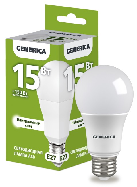 Лампа светодиодная A60 груша 15Вт 230В 4000К E27  | LL-A60-15-230-40-E27-G | GENERICA