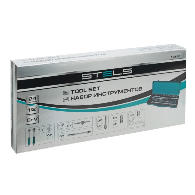 Набор торцевых головок с трещоткой 1/2", 24 предмета Stels