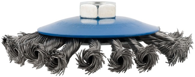 Корщетка, тип "колесо" с наклоном, гайка М14, стальная витая проволока 115 мм Корщетка, тип "колесо" с наклоном, гайка М14, стальная витая проволока 115 мм