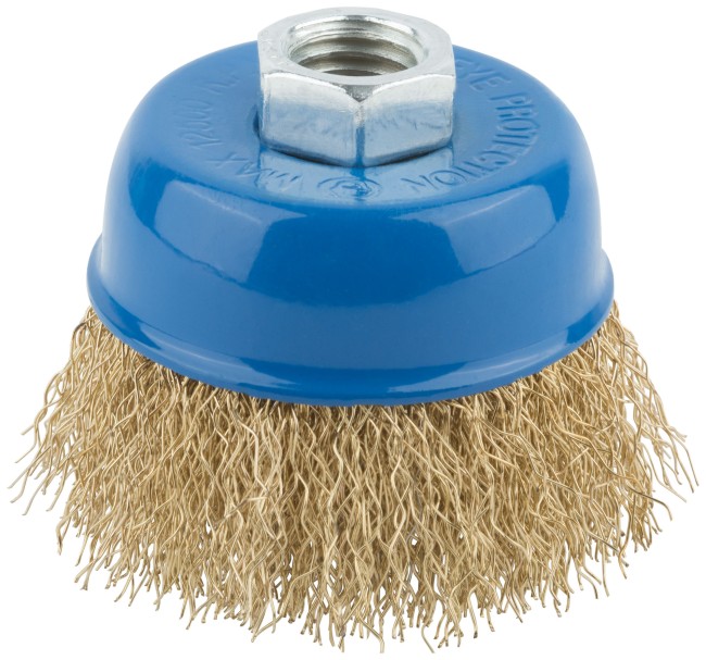 Корщетка, тип "чашка", гайка М14, стальная латунированная волнистая проволока 65 мм Корщетка, тип "чашка", гайка М14, стальная латунированная волнистая проволока 65 мм