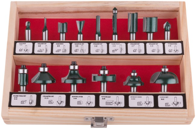 Фрезы по дереву кромочные, набор 15 шт., деревянный бокс, хвостовик 8 мм