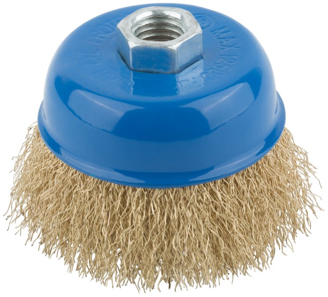 Корщетка, тип "чашка", гайка М14, стальная латунированная волнистая проволока 75 мм Корщетка, тип "чашка", гайка М14, стальная латунированная волнистая проволока 75 мм