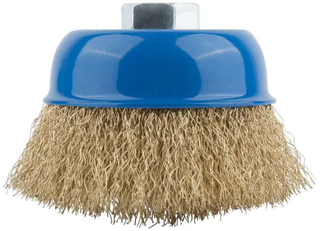 Корщетка, тип "чашка", гайка М14, стальная латунированная волнистая проволока 75 мм Корщетка, тип "чашка", гайка М14, стальная латунированная волнистая проволока 75 мм