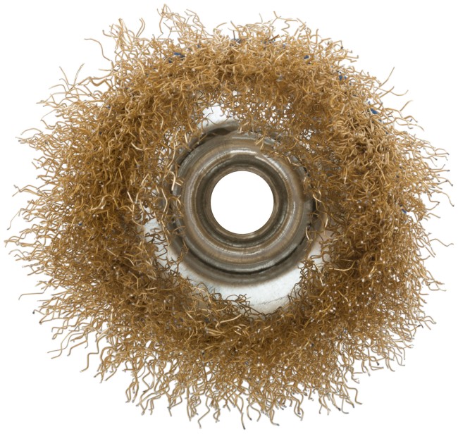 Корщетка, тип "чашка", гайка М14, стальная латунированная волнистая проволока 75 мм Корщетка, тип "чашка", гайка М14, стальная латунированная волнистая проволока 75 мм