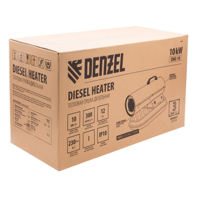 Дизельная тепловая пушка DHG-10, 10 кВт, 300 м3/ч, прямой нагрев Denzel Дизельная тепловая пушка DHG-10, 10 кВт, 300 м3/ч, прямой нагрев Denzel