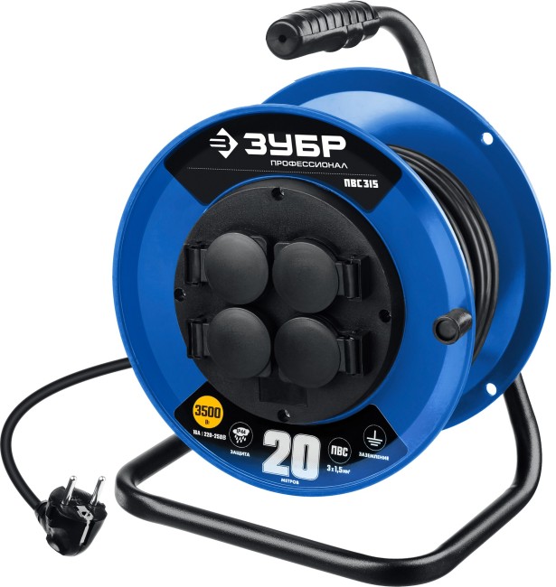 ЗУБР ПВС-315, ПВС, 3 x 1.5 мм2, 20 м, 3500 Вт, IP44, силовой удлинитель на катушке, Профессионал (55081-20)