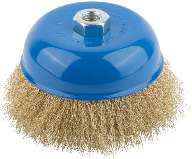 Корщетка, тип "чашка", гайка М14, стальная латунированная волнистая проволока 125 мм Корщетка, тип "чашка", гайка М14, стальная латунированная волнистая проволока 125 мм