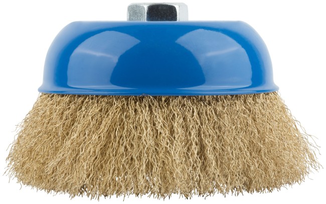 Корщетка, тип "чашка", гайка М14, стальная латунированная волнистая проволока 125 мм Корщетка, тип "чашка", гайка М14, стальная латунированная волнистая проволока 125 мм