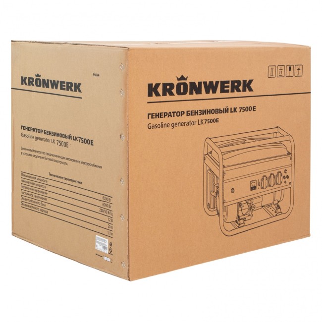 Генератор бензиновый LK 7500E, 6.5 кВт, 230 В, бак 25 л, электростартер Kronwerk Генератор бензиновый LK 7500E, 6.5 кВт, 230 В, бак 25 л, электростартер Kronwerk