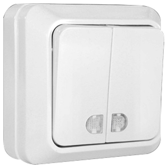 Выключатель двухклавишный без подсветки, открытая установка "UNIVERSAL" Выключатель двухклавишный без подсветки, открытая установка "UNIVERSAL"