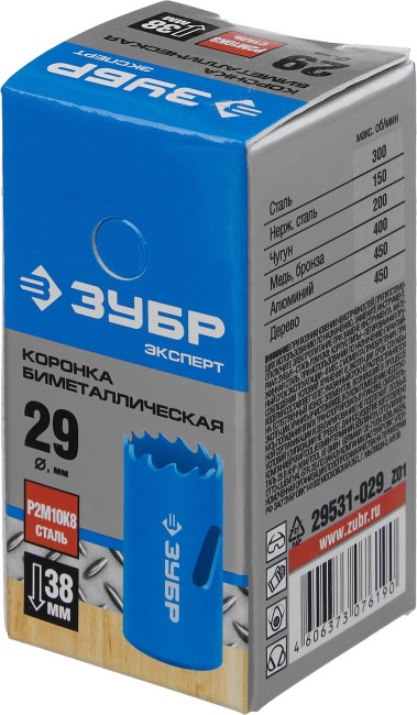 ЗУБР 29 мм, сталь Р6М5, биметаллическая коронка (29531-029) ЗУБР 29 мм, сталь Р6М5, биметаллическая коронка (29531-029)