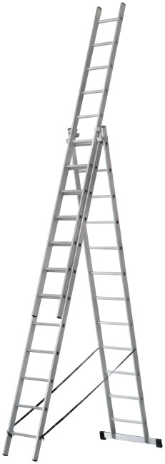 Лестница трехсекционная алюминиевая усиленная, 3 х 12 ступеней, H=343/594/841 см, вес 17,83 кг