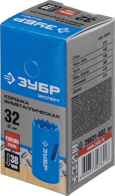 ЗУБР 32 мм, сталь Р6М5, биметаллическая коронка (29531-032) ЗУБР 32 мм, сталь Р6М5, биметаллическая коронка (29531-032)