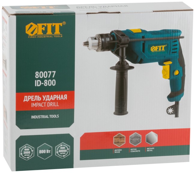 Дрель ударная  800 Вт; 0-3000 об/мин; КлП 13мм; рез. накл.; коробка