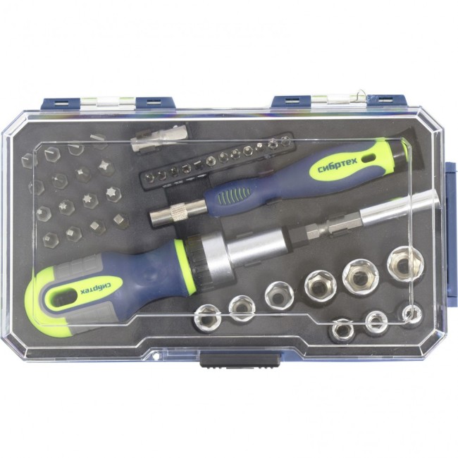 Отвертки реверсивные с набором бит и торцевыми головками, 41 шт, CrV Сибртех