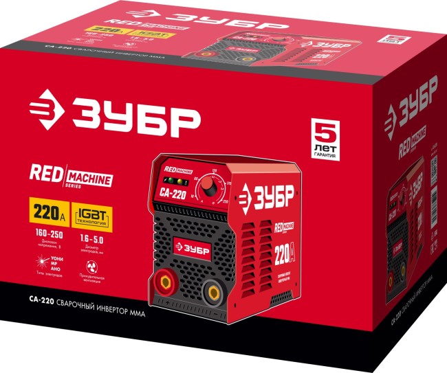 ЗУБР ММА, 220 А, RED MACHINE, сварочный аппарат инверторный, макс. электрод Ø 5.0 мм (СА-220) ЗУБР ММА, 220 А, RED MACHINE, сварочный аппарат инверторный, макс. электрод Ø 5.0 мм (СА-220)