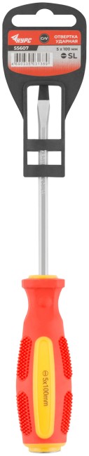 Отверткa ударная, CrV сталь, шестигранное сквозное жало с бойком, прорезиненная ручка  5х100 мм SL