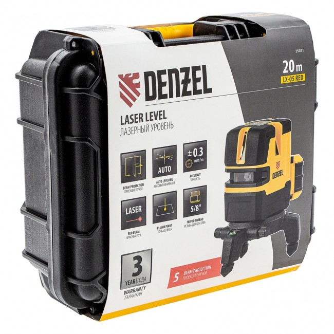 Лазерный уровень LX 05 Red, 20 м, 635 нм, аккумулятор Li 5200 mAh, резьба 5/8" Denzel