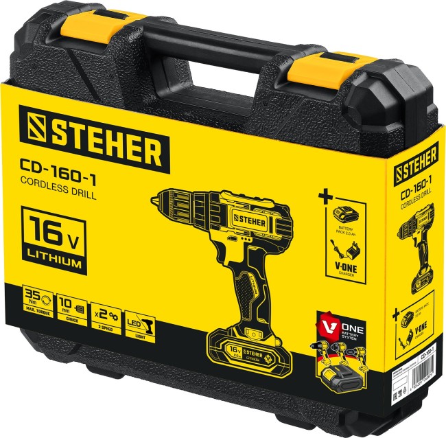 STEHER 16 В, 35 Н·м, 1 АКБ (2 А·ч), дрель-шуруповерт, кейс (CD-160-1) STEHER 16 В, 35 Н·м, 1 АКБ (2 А·ч), дрель-шуруповерт, кейс (CD-160-1)