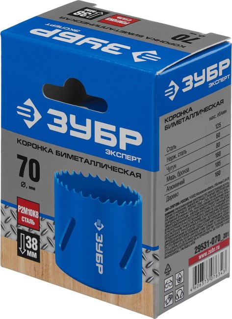 ЗУБР 70 мм, сталь Р6М5, биметаллическая коронка (29531-070) ЗУБР 70 мм, сталь Р6М5, биметаллическая коронка (29531-070)
