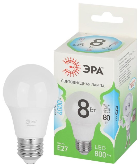 Лампа светодиодная  GREEN LINE LED A60-8W-840-E27 GL E27 8 Вт груша яркий белый свет | Б0067139 | ЭРА