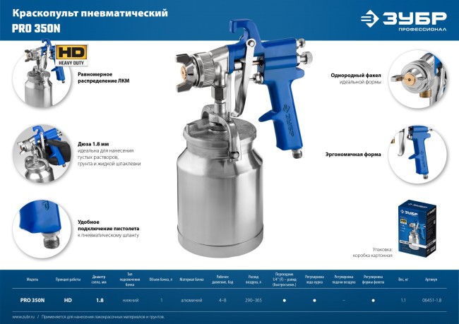 ЗУБР PRO 350N, 1.8 мм, пневматический краскопульт с нижним бачком, Профессионал (06451-1.8) ЗУБР PRO 350N, 1.8 мм, пневматический краскопульт с нижним бачком, Профессионал (06451-1.8)