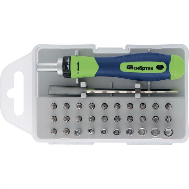 Отвертка реверсивная для точных работ с набором бит и торцевых головок, 32 предмета, CrV Сибртех Отвертка реверсивная для точных работ с набором бит и торцевых головок, 32 предмета, CrV Сибртех