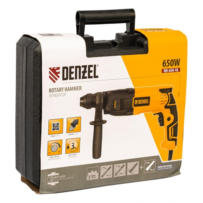 Перфоратор электрический RH-650-18, SDS-plus, 650 Вт, 2.0 Дж, 3 плюс 1 режим Denzel Перфоратор электрический RH-650-18, SDS-plus, 650 Вт, 2.0 Дж, 3 плюс 1 режим Denzel