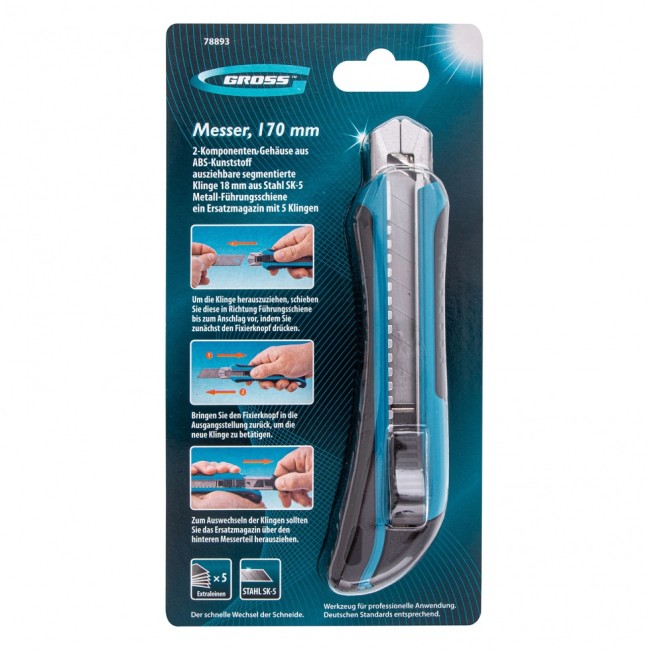 Нож, 170 мм, обрезиненный ABS-корпус, выдвижное сегментное лезвие 18 мм (SK-5), металлическая направляющая, 5 запасных лезвий Gross Нож, 170 мм, обрезиненный ABS-корпус, выдвижное сегментное лезвие 18 мм (SK-5), металлическая направляющая, 5 запасных лезвий Gross