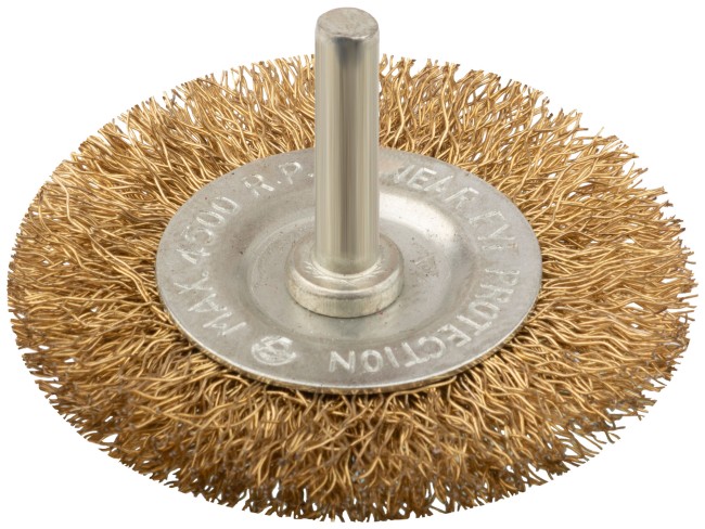 Корщетка дисковая прямая, со шпилькой, стальная латунированная волнистая проволока 63 мм Корщетка дисковая прямая, со шпилькой, стальная латунированная волнистая проволока 63 мм