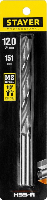 STAYER HSS-R, 12.0 х 151 мм, быстрорежущая сталь P6M5, сверло по металлу, Professional (29602-12)