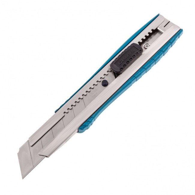 Нож, 195 мм, металлический корпус, выдвижное сегментное лезвие 25 мм (SK-5), металлическая направляющая, клипса для ремня Gross Нож, 195 мм, металлический корпус, выдвижное сегментное лезвие 25 мм (SK-5), металлическая направляющая, клипса для ремня Gross