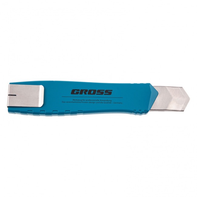 Нож, 195 мм, металлический корпус, выдвижное сегментное лезвие 25 мм (SK-5), металлическая направляющая, клипса для ремня Gross Нож, 195 мм, металлический корпус, выдвижное сегментное лезвие 25 мм (SK-5), металлическая направляющая, клипса для ремня Gross