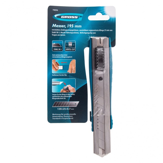 Нож, 195 мм, металлический корпус, выдвижное сегментное лезвие 25 мм (SK-5), металлическая направляющая, клипса для ремня Gross Нож, 195 мм, металлический корпус, выдвижное сегментное лезвие 25 мм (SK-5), металлическая направляющая, клипса для ремня Gross