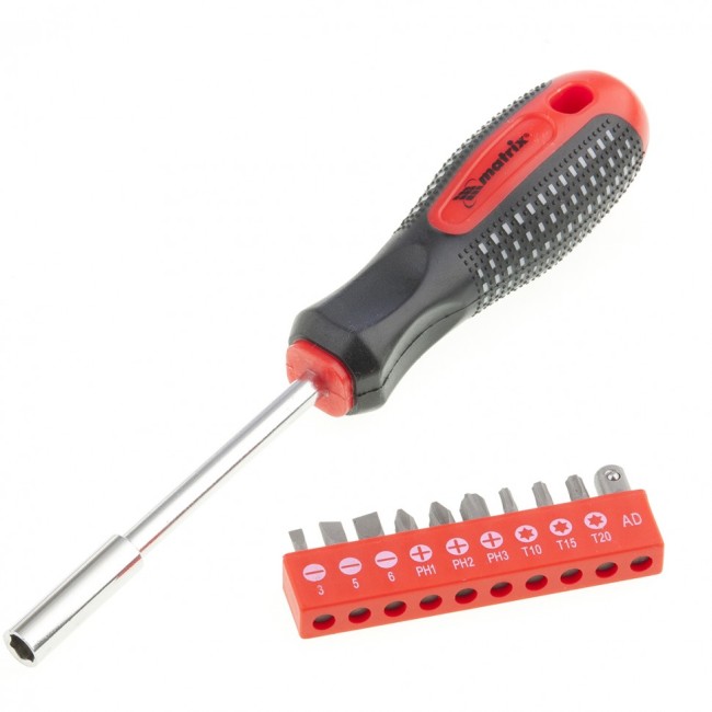 Отвертка с набором бит, 11 шт, Fusion, CrV, трехкомпонентная рукоятка "Anti slip" Matrix Отвертка с набором бит, 11 шт, Fusion, CrV, трехкомпонентная рукоятка "Anti slip" Matrix