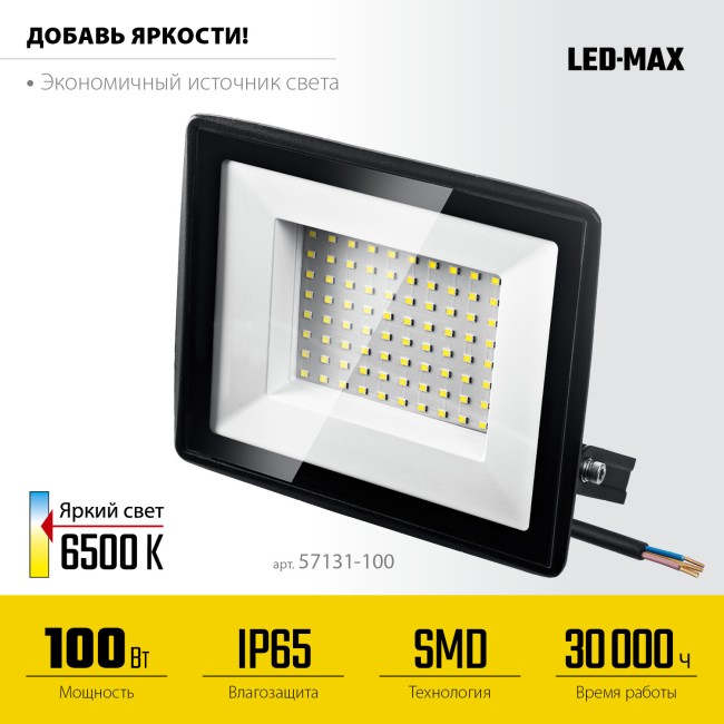STAYER LED-MAX, 100 Вт, 6500K, IP 65, светодиодный прожектор (57131-100) STAYER LED-MAX, 100 Вт, 6500K, IP 65, светодиодный прожектор (57131-100)
